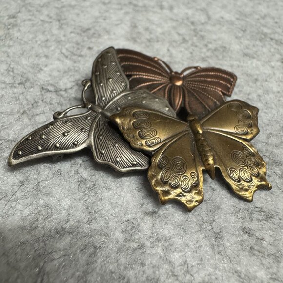 Vintage K&T Butterfly Trio Brooch Bronze/Gold/Silver Finish Metal Accent Pin - Picture 2 of 6